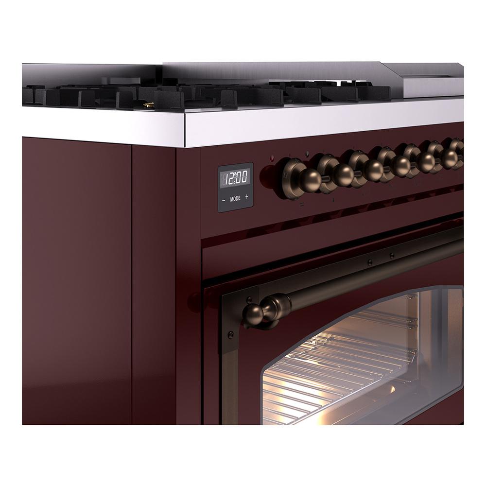 ILVE UN48FNMPBUB Nostalgie II Noblesse 48 inch Dual Fuel Range (8 Sealed Burners + Griddle, Natural Gas, Triple Glass Door, Burgundy, Burnished)