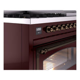 ILVE UN48FNMPBUB Nostalgie II Noblesse 48 inch Dual Fuel Range (8 Sealed Burners + Griddle, Natural Gas, Triple Glass Door, Burgundy, Burnished)