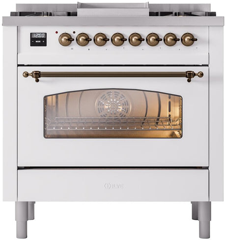 Nostalgie II 36 Inch Dual Fuel Liquid Propane Freestanding Range in White with Bronze Trim