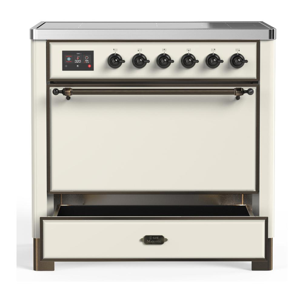 ILVE UMIB36QNR3AWB Majestic III 36 inch Induction Range with 6 Elements, 3.5 cu. ft. Total Oven Capacity (Solid Door, Antique White, Burnished)