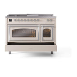 ILVE UN48FSNMPAWCLP Nostalgie II Noblesse 48 inch Dual Fuel Range (5 Sealed Burners + Griddle + French Top, Liquid Propane, Triple Glass Door, Antique White, Chrome)