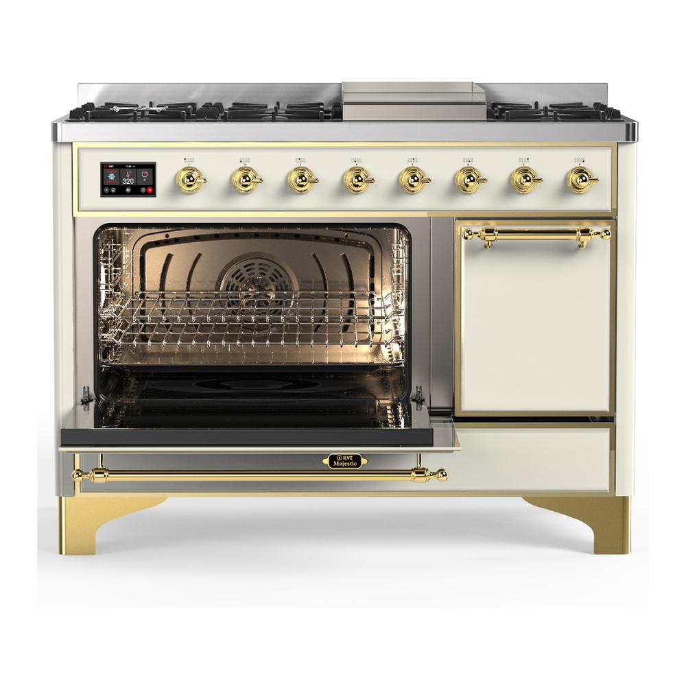 ILVE UM48FQNR3AWG Majestic III 48 inch Dual Fuel Range with 8 Burners and Griddle, Dual Function Burner up to 25,000 BTU (Natural Gas, Solid Door, Antique White, Brass)