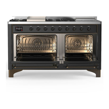 ILVE UM60FSNR3MGB Majestic III 60 inch Dual Fuel Range with 7 Burners, Griddle and French Top, Dual Function Burner with up to 25,000 BTU (Natural Gas, Triple Glass Door, Graphite Matte, Burnished)