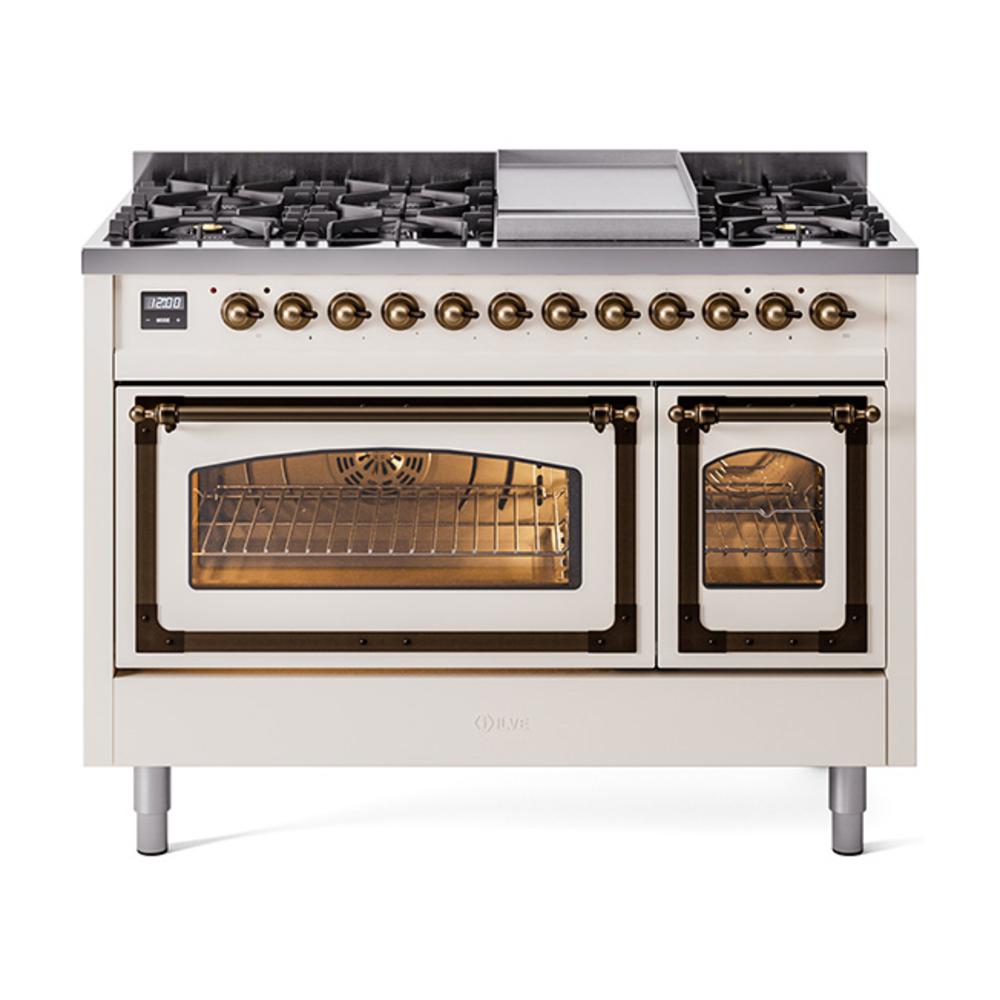ILVE UN48FNMPAWBLP Nostalgie II Noblesse 48 inch Dual Fuel Range (8 Sealed Burners + Griddle, Liquid Propane, Triple Glass Door, Antique White, Burnished)