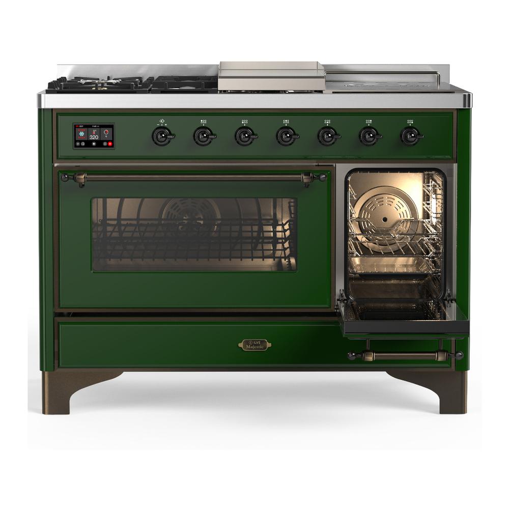 ILVE UM48FSNR3EGB Majestic III 48 inch Dual Fuel Range with 5 Black Brass Burners, Griddle and French Top, Dual Function Burner up to 25,000 BTU (Natural Gas, Triple Glass Door, Emerald Green, Burnished)