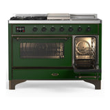 ILVE UM48FSNR3EGB Majestic III 48 inch Dual Fuel Range with 5 Black Brass Burners, Griddle and French Top, Dual Function Burner up to 25,000 BTU (Natural Gas, Triple Glass Door, Emerald Green, Burnished)