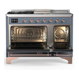 ILVE UM48FSNR3BGP Majestic III 48 inch Dual Fuel Range with 5 Black Brass Burners, Griddle and French Top, Dual Function Burner up to 25,000 BTU (Natural Gas, Triple Glass Door, Blue Grey, Copper)