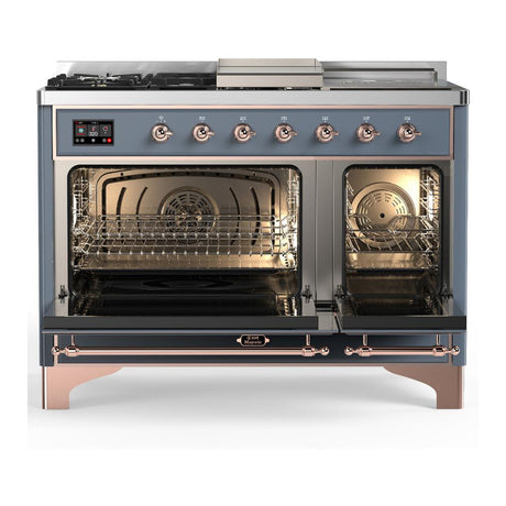 ILVE UM48FSNR3BGP Majestic III 48 inch Dual Fuel Range with 5 Black Brass Burners, Griddle and French Top, Dual Function Burner up to 25,000 BTU (Natural Gas, Triple Glass Door, Blue Grey, Copper)