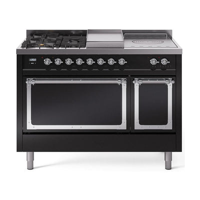 ILVE UN48FSQNMPBKC Nostalgie II Noblesse 48 inch Dual Fuel Range (5 Sealed Burners + Griddle + French Top, Natural Gas, Solid Door, Glossy Black, Chrome)