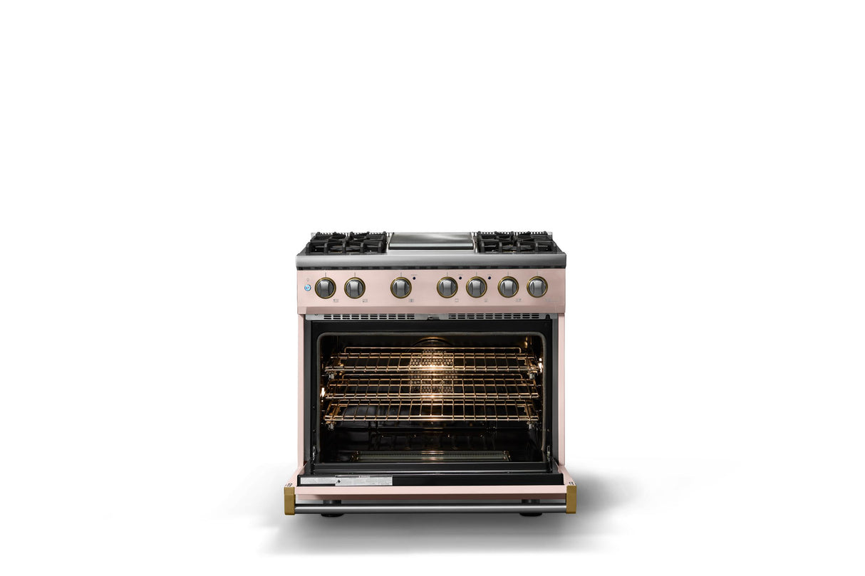 36"W. Dual Fuel Range (Burner: 4g, Finish: Blush, Trim: Polished Chrome, Fuel: Propane)