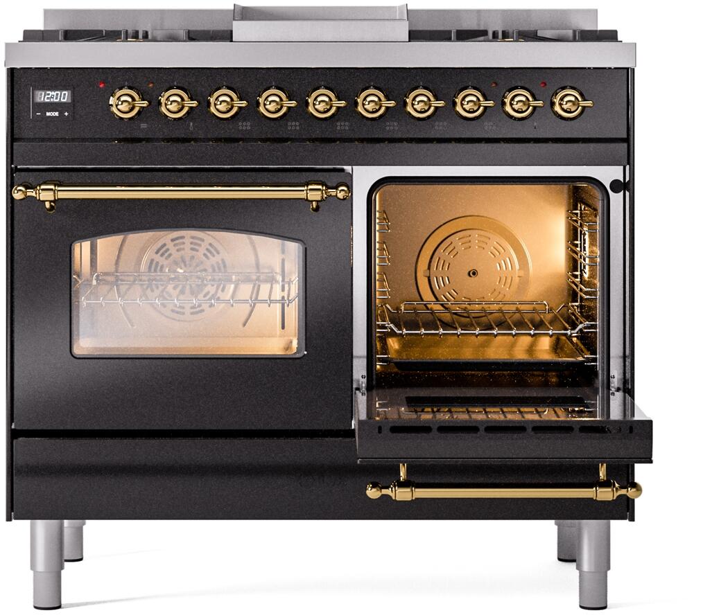 Nostalgie II 40 Inch Dual Fuel Natural Gas Freestanding Range in Glossy Black with Brass Trim