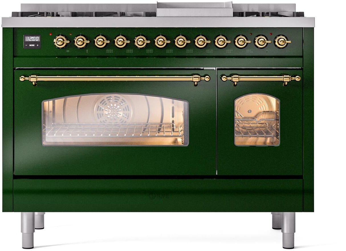 Nostalgie II 48 Inch Dual Fuel Natural Gas Freestanding Range in Emerald Green with Brass Trim