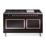 ILVE UN60FQNMPBKPLP Nostalgie II Noblesse 60 inch Dual Fuel Range (9 Sealed Burners + Griddle, Liquid Propane, Solid Door, Glossy Black, Copper)