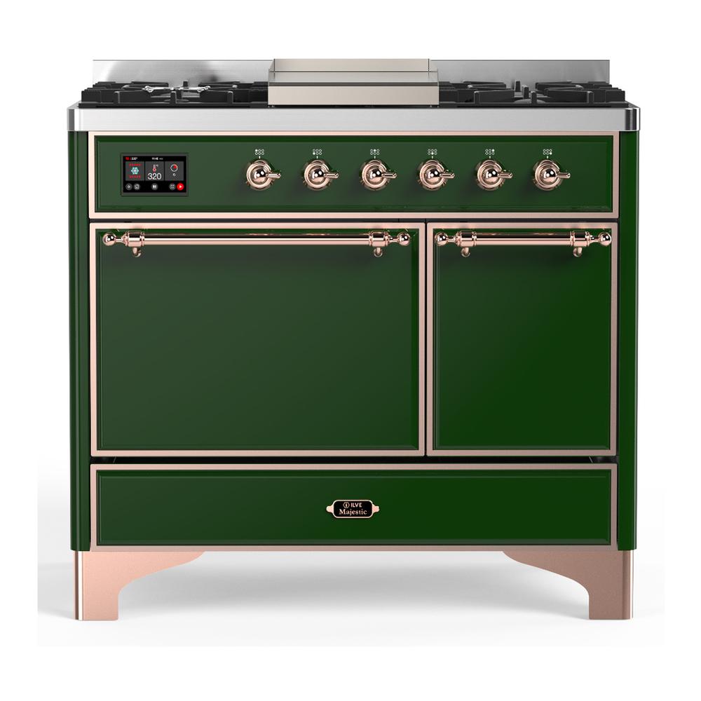 ILVE UMD40FQNR3EGPLP Majestic III 40 inch Dual Fuel Range with 6 Burners and Griddle, Dual Function Burner up to 25,000 BTU (Liquid Propane, Solid Door, Emerald Green, Copper)