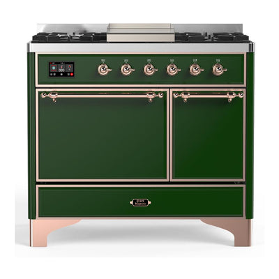 ILVE UMD40FQNR3EGPLP Majestic III 40 inch Dual Fuel Range with 6 Burners and Griddle, Dual Function Burner up to 25,000 BTU (Liquid Propane, Solid Door, Emerald Green, Copper)