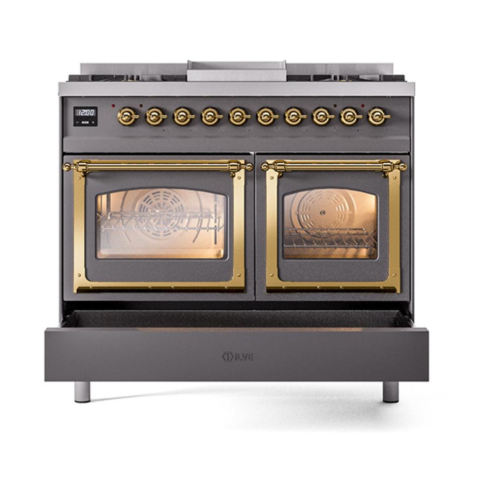 ILVE UND40FNMPMGGLP Nostalgie II Noblesse 40 inch Dual Fuel Range (Liquid Propane, Triple Glass Door, Graphite Matte, Brass)