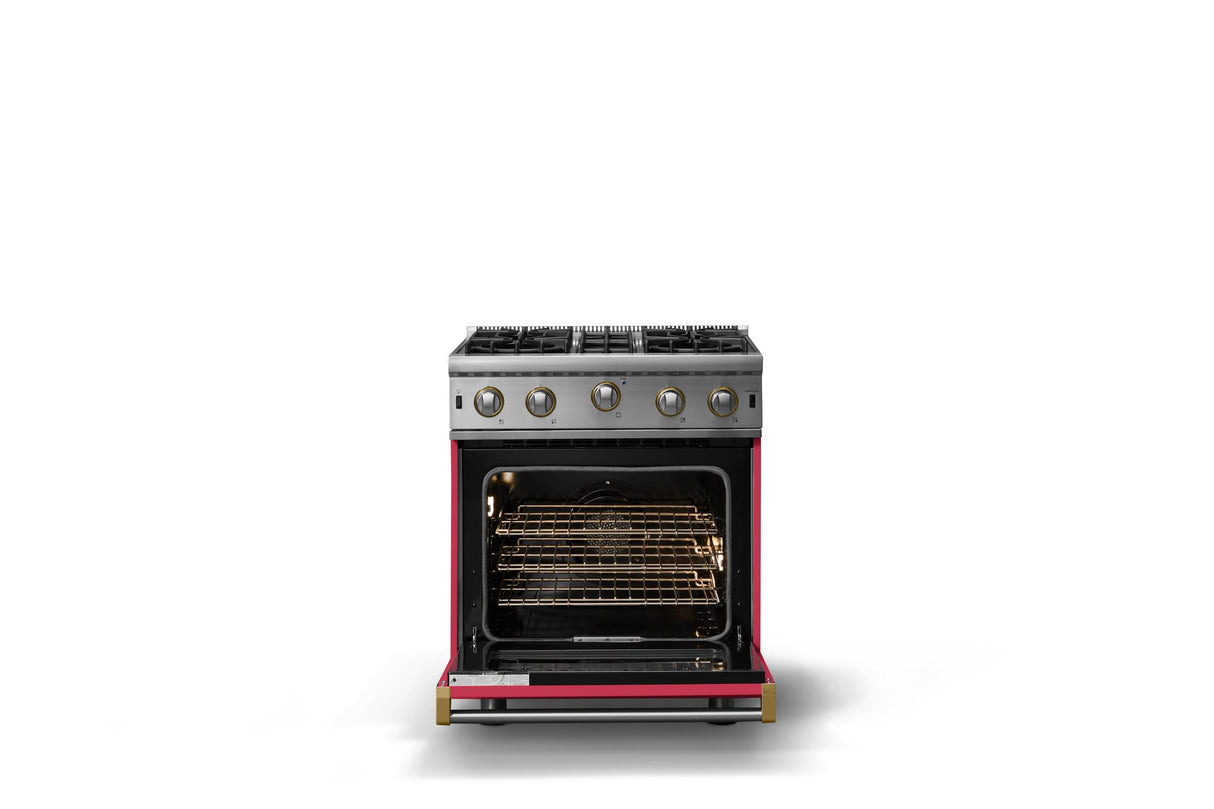 30"W. Open Burner Gas Range (Finish: Valentine, Trim: Brushed Brass, Fuel: Propane)