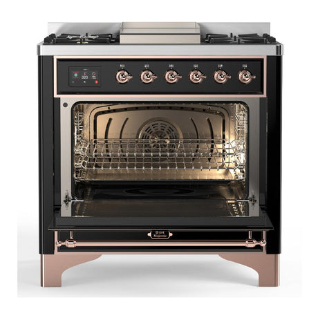 ILVE UM36FQNR3BKPLP Majestic III 36 inch Dual Fuel Range with 6 Black Brass Burners and Griddle, Dual Function Burner up to 25,000 BTU (Solid Door, Glossy Black, Copper, Liquid Propane)