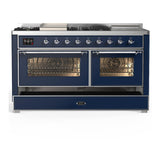 ILVE UM60FSNR3MBCLP Majestic III 60 inch Dual Fuel Range with 7 Burners, Griddle and French Top, Dual Function Burner with up to 25,000 BTU (Liquid Propane, Triple Glass Door, Midnight Blue, Chrome)