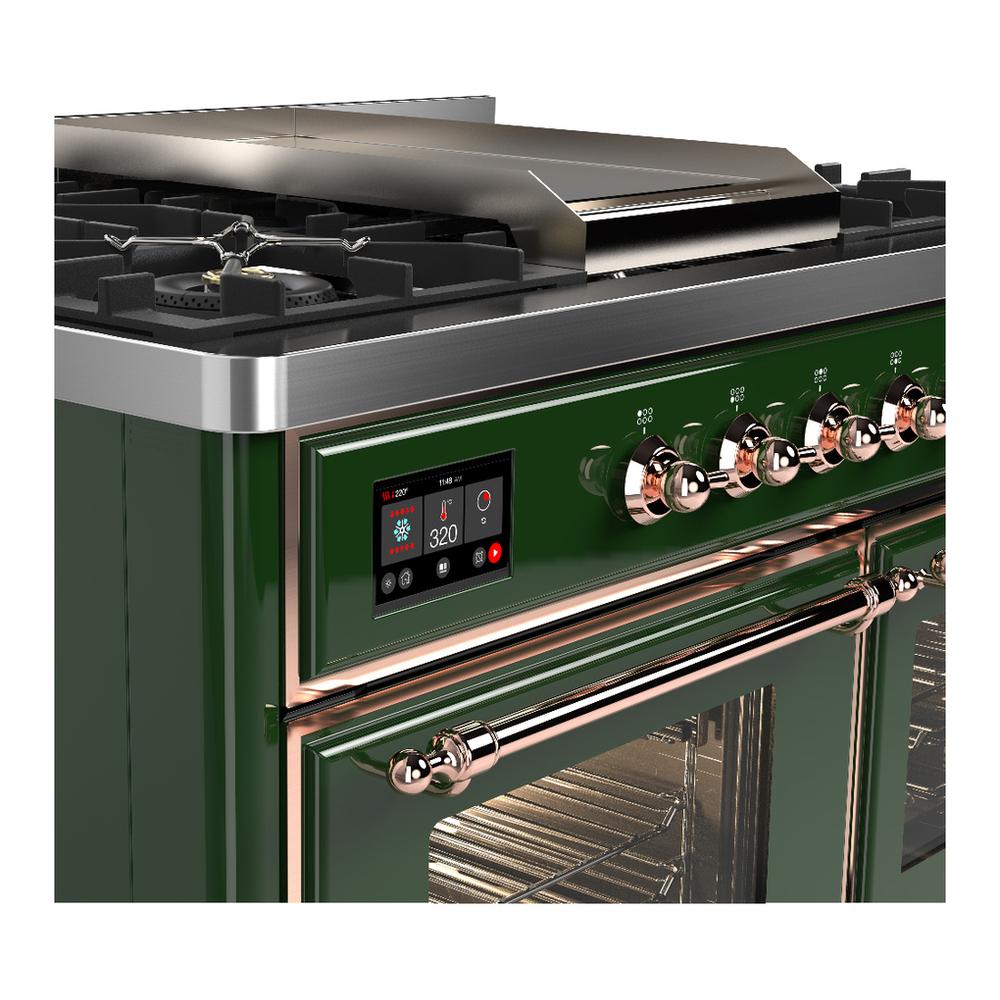 ILVE UMD40FNR3EGPLP Majestic III 40 inch Dual Fuel Range with 6 Burners and Griddle, Dual Function Burner up to 25,000 BTU (Liquid Propane, Triple Glass Door, Emerald Green, Copper)
