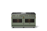 60"W.Dual Fuel Range (Finish: Eucalyptus, Trim: Brushed Brass, Fuel: Natural Gas)