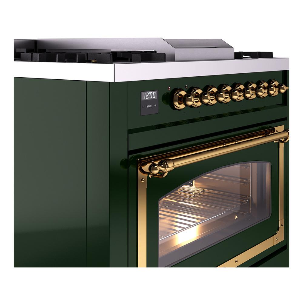 ILVE UN36FNMPEGG Nostalgie II Noblesse 36 inch Dual Fuel Range (Natural Gas, Triple Glass Door, Emerald Green, Brass)