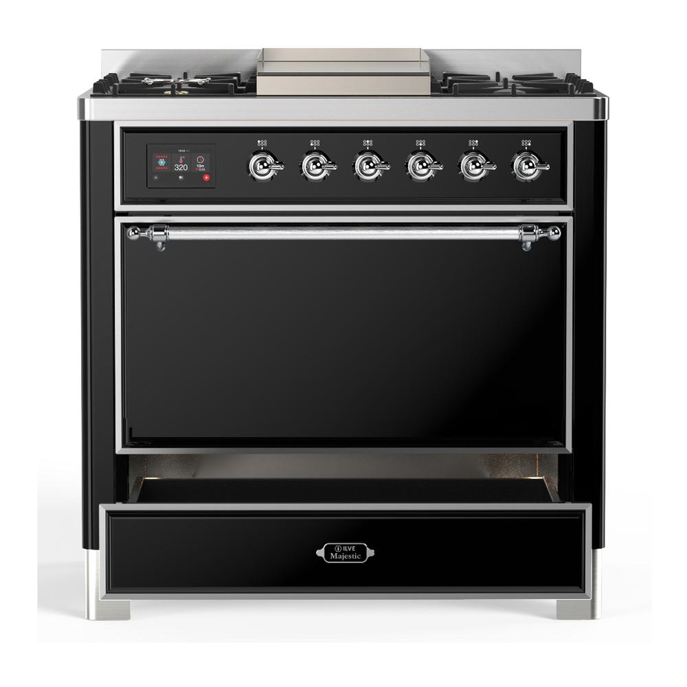 ILVE UM36FQNR3BKC Majestic III 36 inch Dual Fuel Range with 6 Black Brass Burners and Griddle, Dual Function Burner up to 25,000 BTU (Solid Door, Glossy Black, Chrome, Natural Gas)