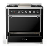 ILVE UM36FQNR3BKC Majestic III 36 inch Dual Fuel Range with 6 Black Brass Burners and Griddle, Dual Function Burner up to 25,000 BTU (Solid Door, Glossy Black, Chrome, Natural Gas)