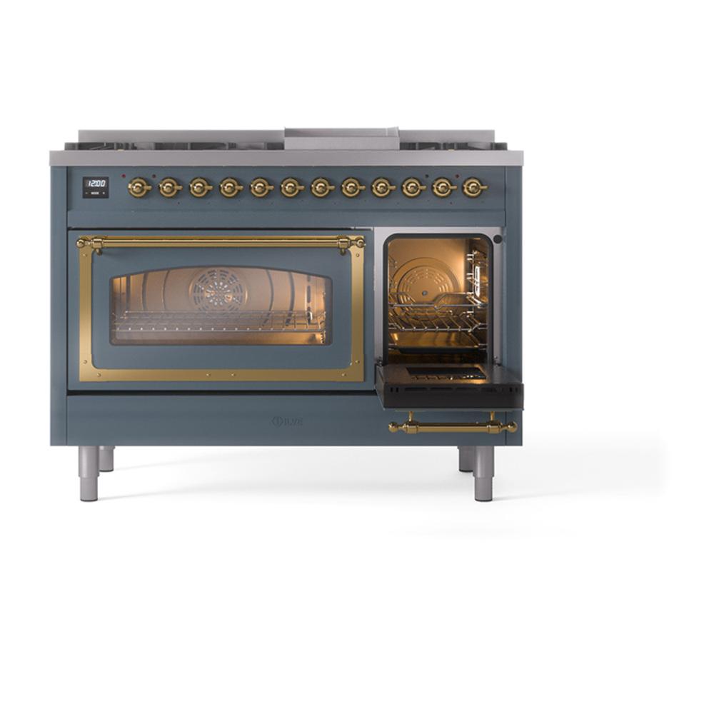 ILVE UN48FNMPBGGLP Nostalgie II Noblesse 48 inch Dual Fuel Range (8 Sealed Burners + Griddle, Liquid Propane, Triple Glass Door, Blue Grey, Brass)