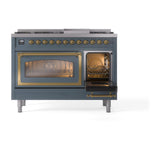 ILVE UN48FNMPBGGLP Nostalgie II Noblesse 48 inch Dual Fuel Range (8 Sealed Burners + Griddle, Liquid Propane, Triple Glass Door, Blue Grey, Brass)