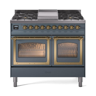 ILVE UND40FNMPBGGLP Nostalgie II Noblesse 40 inch Dual Fuel Range (Liquid Propane, Triple Glass Door, Blue Grey, Brass)