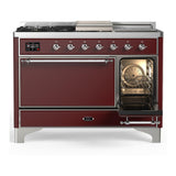 ILVE UM48FSQNR3BUCLP Majestic III 48 inch Dual Fuel Range with 5 Black Brass Burners, Griddle and French Top, Dual Function Burner up to 25,000 BTU (Liquid Propane, Solid Door, Burgundy, Chrome)