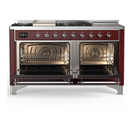 ILVE UM60FSQNR3BUC Majestic III 60 inch Dual Fuel Range with 7 Burners, Griddle and French Top, Dual Function Burner with up to 25,000 BTU (Natural Gas, Solid Door, Burgundy, Chrome)