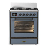 ILVE UM30NR3BGB Majestic III 30 inch Dual Fuel Range with 5 Black Brass Burners, Dual Function Burner up to 25,000 BTU (Natural Gas, Triple Glass Door, Blue Grey, Burnished)