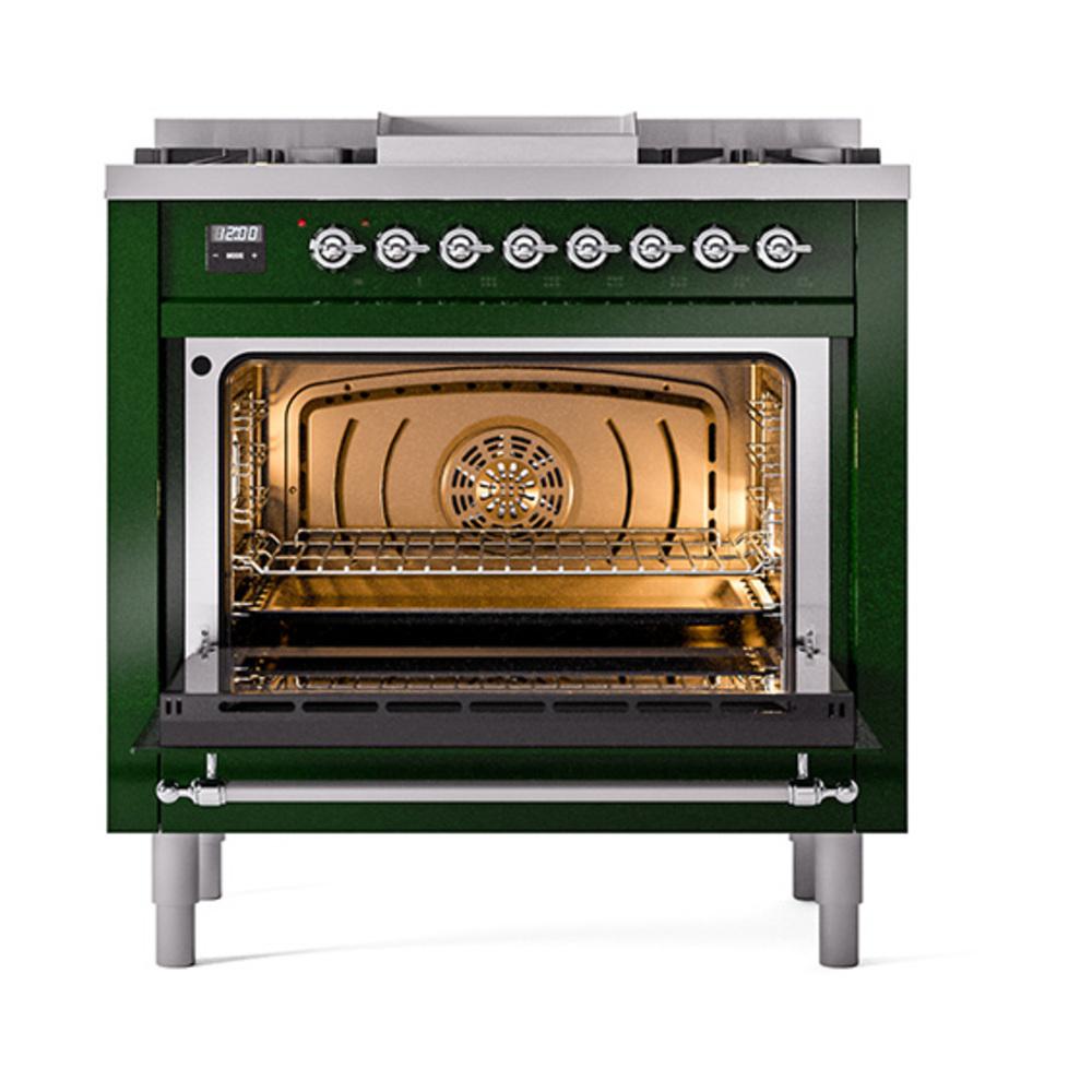 ILVE UN36FQNMPEGC Nostalgie II Noblesse 36 inch Dual Fuel Range (Natural Gas, Solid Door, Emerald Green, Chrome)