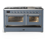 ILVE UM60FNR3BGCLP Majestic III 60 inch Dual Fuel Range with 9 Burners and Griddle, Dual Function Burner up to 25,000 BTU (Liquid Propane, Triple Glass Door, Blue Grey, Chrome)