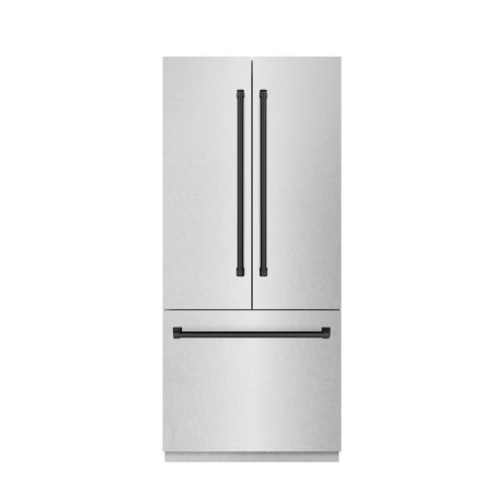 ZLINE Autograph Edition 36 in. 19.6 cu. ft. French Door Built-In Bottom Freezer Refrigerator with Water Dispenser and Ice Maker in DuraSnow' Stainless Steel with Graphite Gray Interior and Matte Black Accents (GRBIVZ-SN-36-MB)