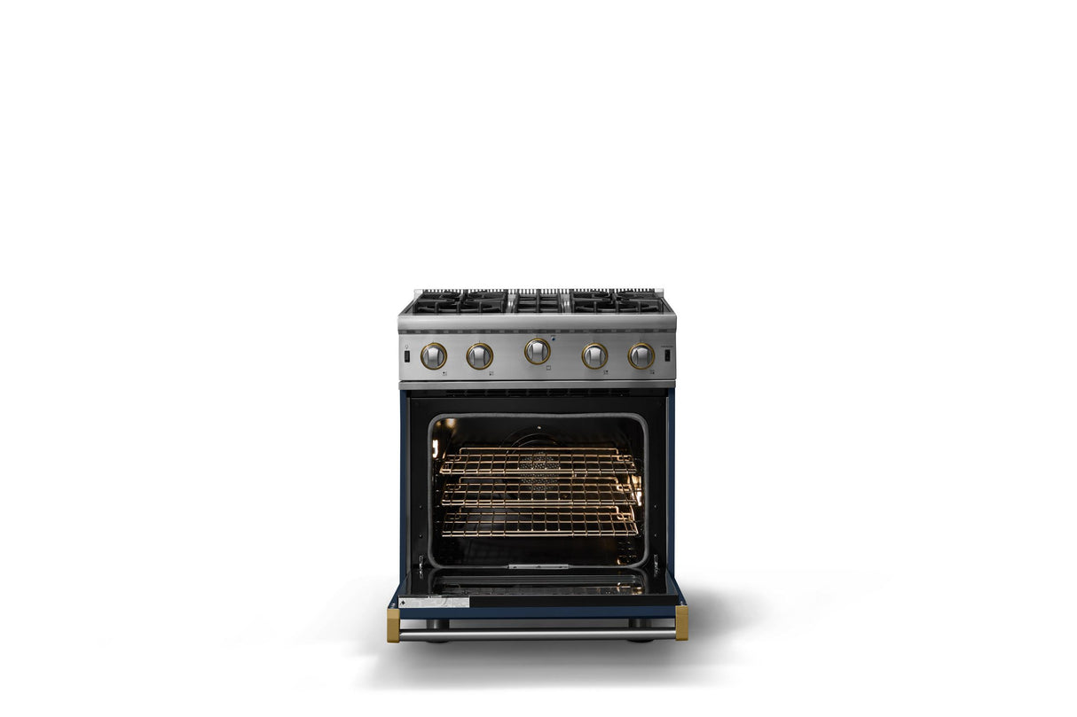 30"W. Open Burner Gas Range (Finish: Slate Blue, Trim: Brushed Brass, Fuel: Natural Gas)
