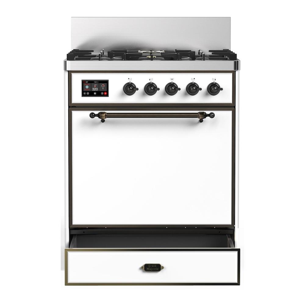 ILVE UM30QNR3WHBLP Majestic III 30 inch Dual Fuel Range with 5 Black Brass Burners, Dual Function Burner up to 25,000 BTU (Liquid Propane, Solid Door, White, Burnished)