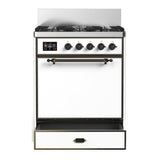 ILVE UM30QNR3WHBLP Majestic III 30 inch Dual Fuel Range with 5 Black Brass Burners, Dual Function Burner up to 25,000 BTU (Liquid Propane, Solid Door, White, Burnished)