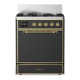 ILVE UM30QNR3MGGLP Majestic III 30 inch Dual Fuel Range with 5 Black Brass Burners, Dual Function Burner up to 25,000 BTU (Liquid Propane, Solid Door, Graphite Matte, Brass)
