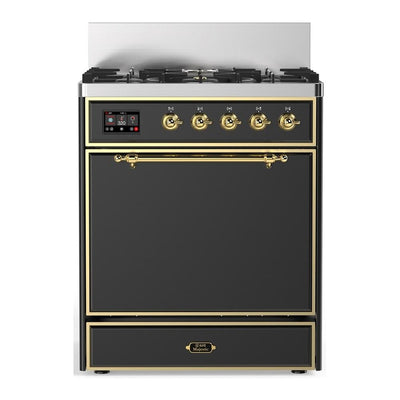 ILVE UM30QNR3MGGLP Majestic III 30 inch Dual Fuel Range with 5 Black Brass Burners, Dual Function Burner up to 25,000 BTU (Liquid Propane, Solid Door, Graphite Matte, Brass)