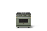 36"W. Sealed Burner Gas Range (Burner: 6b, Finish: Eucalyptus, Trim: Brushed Brass, Fuel: Natural Gas)
