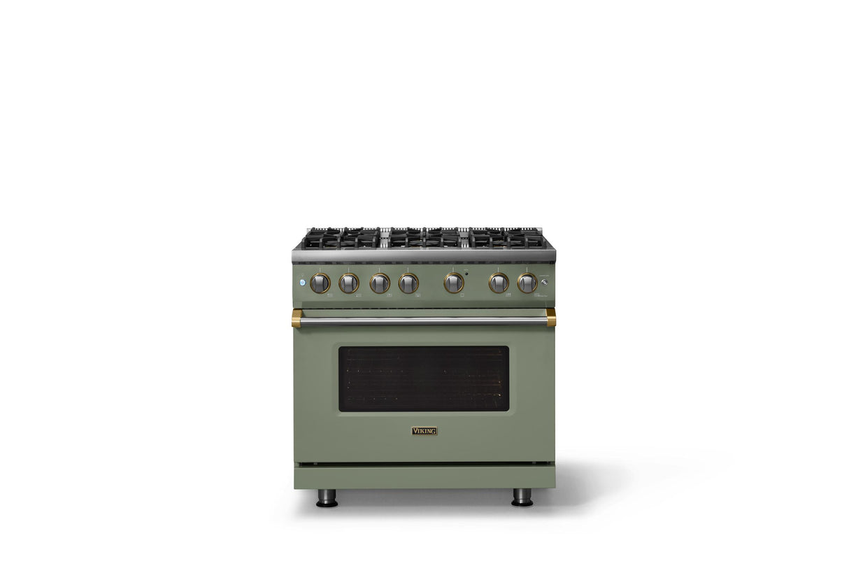 36"W. Sealed Burner Gas Range (Burner: 6b, Finish: Eucalyptus, Trim: Brushed Brass, Fuel: Propane)