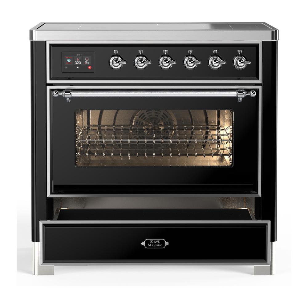 ILVE UMIB36NR3BKC Majestic III 36 inch Induction Range with 6 Elements, 3.5 cu. ft. Total Oven Capacity (Triple Glass Door, Glossy Black, Chrome)