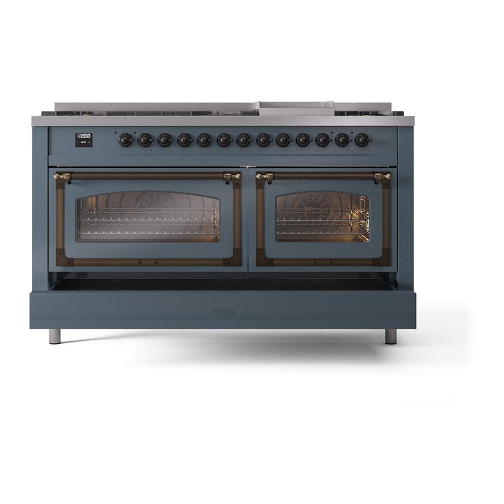 ILVE UN60FNMPBGBLP Nostalgie II Noblesse 60 inch Dual Fuel Range (9 Sealed Burners + Griddle, Liquid Propane, Triple Glass Door, Blue Grey, Burnished)