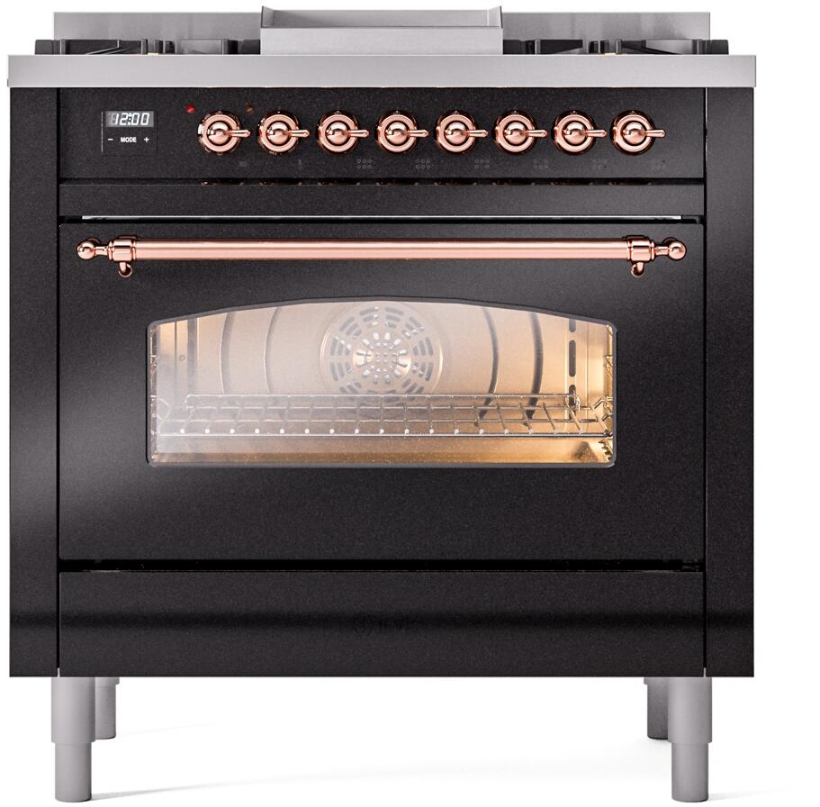 Nostalgie II 36 Inch Dual Fuel Liquid Propane Freestanding Range in Glossy Black with Copper Trim