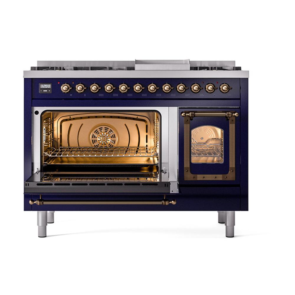 ILVE UN48FNMPMBBLP Nostalgie II Noblesse 48 inch Dual Fuel Range (8 Sealed Burners + Griddle, Liquid Propane, Triple Glass Door, Midnight Blue, Burnished)