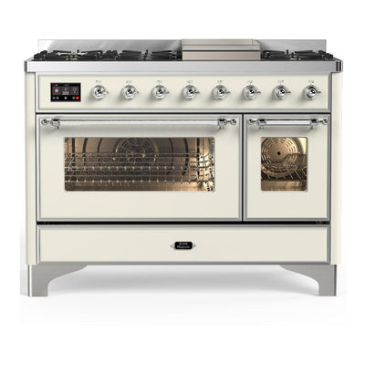 ILVE UM48FNR3AWC Majestic III 48 inch Dual Fuel Range with 8 Burners and Griddle, Dual Function Burner up to 25,000 BTU (Natural Gas, Triple Glass Door, Antique White, Chrome)