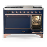 ILVE UM48FQNR3MBPLP Majestic III 48 inch Dual Fuel Range with 8 Burners and Griddle, Dual Function Burner up to 25,000 BTU (Liquid Propane, Solid Door, Midnight Blue, Copper)